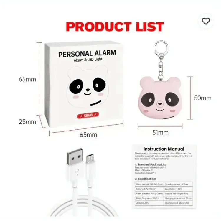 Pink Panda Cute Rechargeable Personal Alarm Keychain - GiFTiFY