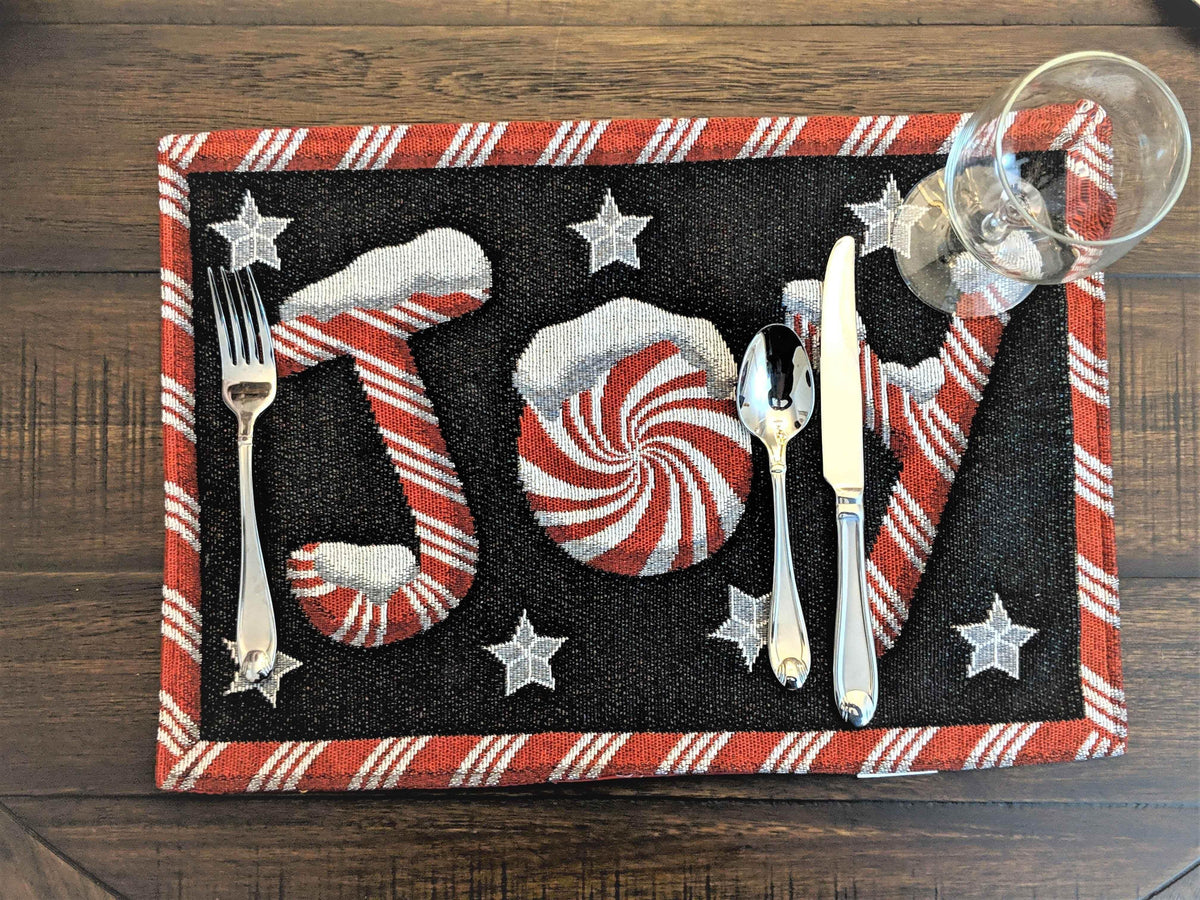 DaDa Bedding Set of 4-Pieces Peppermint Joy Holiday Tapestry Placemats 13” x 19” (12904) Placemat by DaDalogy Bedding Collection