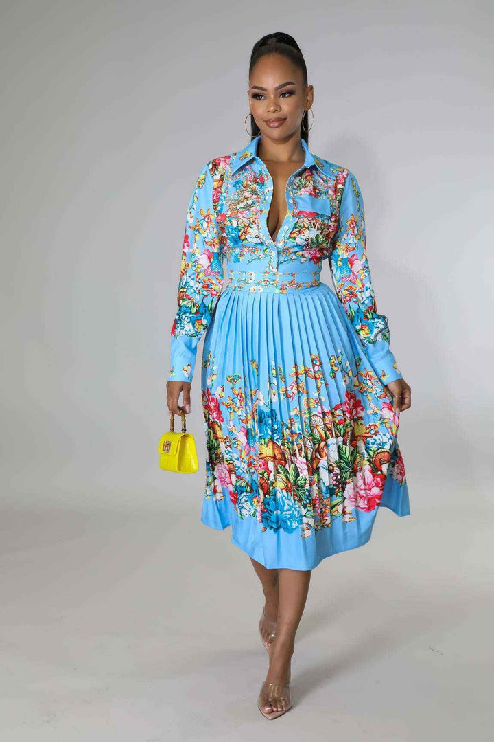 Pleated Print Long Sleeve Mid-Calf Lapel Standard-Waist Pullover Dress - GiFTiFY