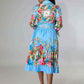 Pleated Print Long Sleeve Mid-Calf Lapel Standard-Waist Pullover Dress