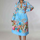 Pleated Print Long Sleeve Mid-Calf Lapel Standard-Waist Pullover Dress