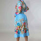 Pleated Print Long Sleeve Mid-Calf Lapel Standard-Waist Pullover Dress