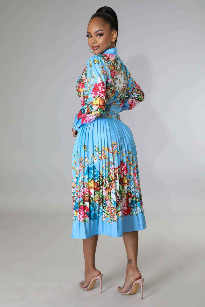 Pleated Print Long Sleeve Mid-Calf Lapel Standard-Waist Pullover Dress - GiFTiFY