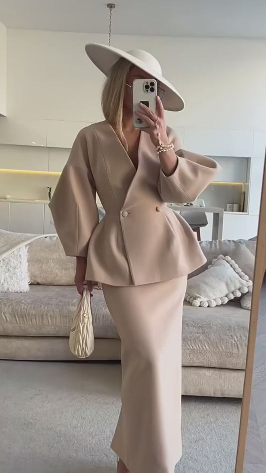 Ruffled V-neck Coat & Long Skirt Suit