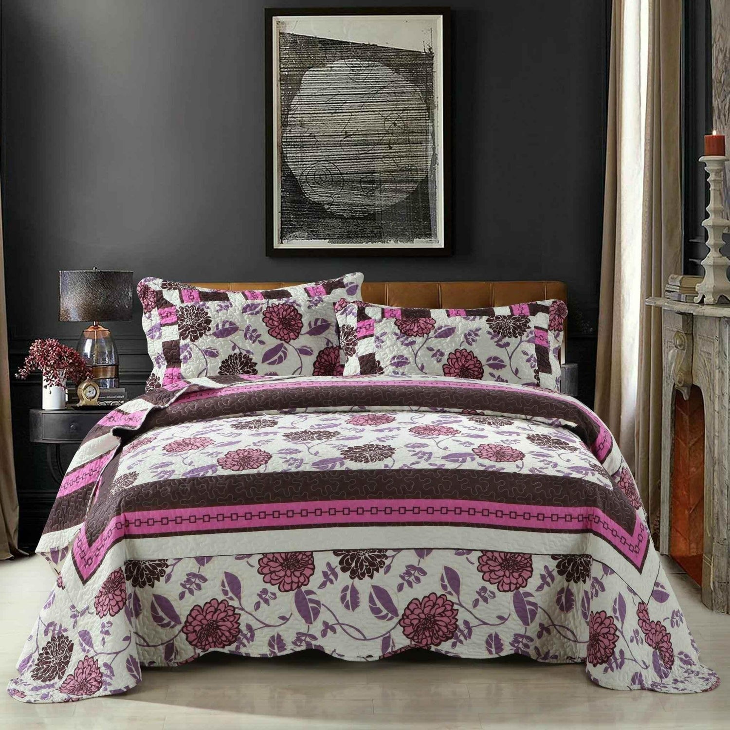 DaDa Bedding Bohemian Purple Blooms Floral Garden Pink Brown Bedspread Set (KBJ1629) - GiFTiFY