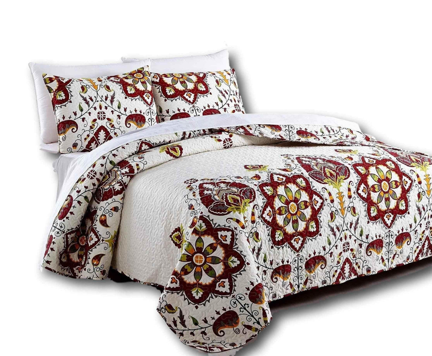 DaDa Bedding Casablanca Garden Mediterranean Floral Red & White Quilted Bedspread Set (HS-11130) - GiFTiFY