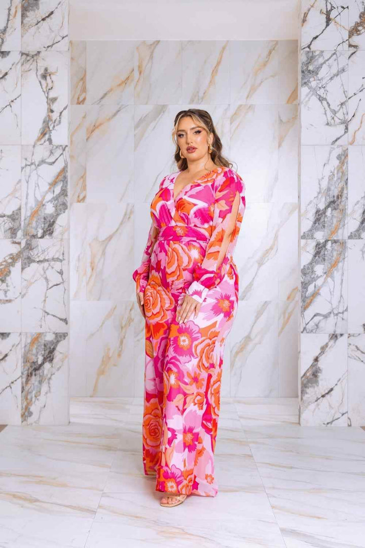 Plus Size Floral Print Jumpsuit with Long Bishop Split Sleeves - Pink - GiFTiFY