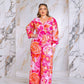 Plus Size Floral Print Jumpsuit with Long Bishop Split Sleeves - Pink