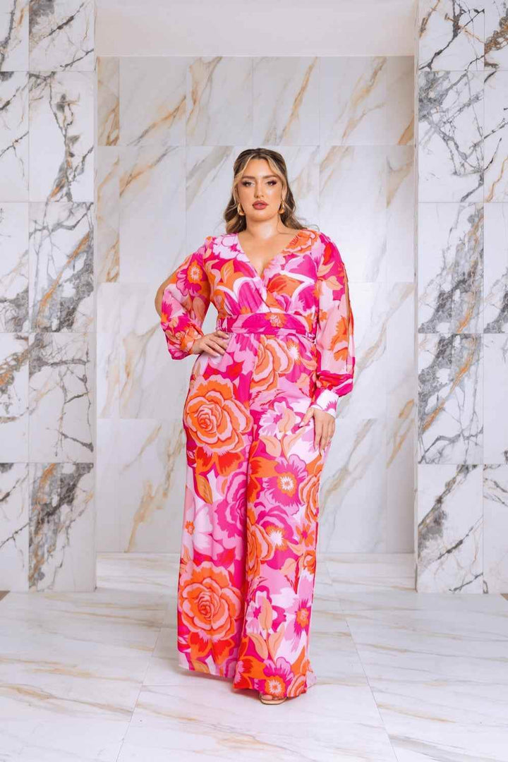 Plus Size Floral Print Jumpsuit with Long Bishop Split Sleeves - Pink - GiFTiFY
