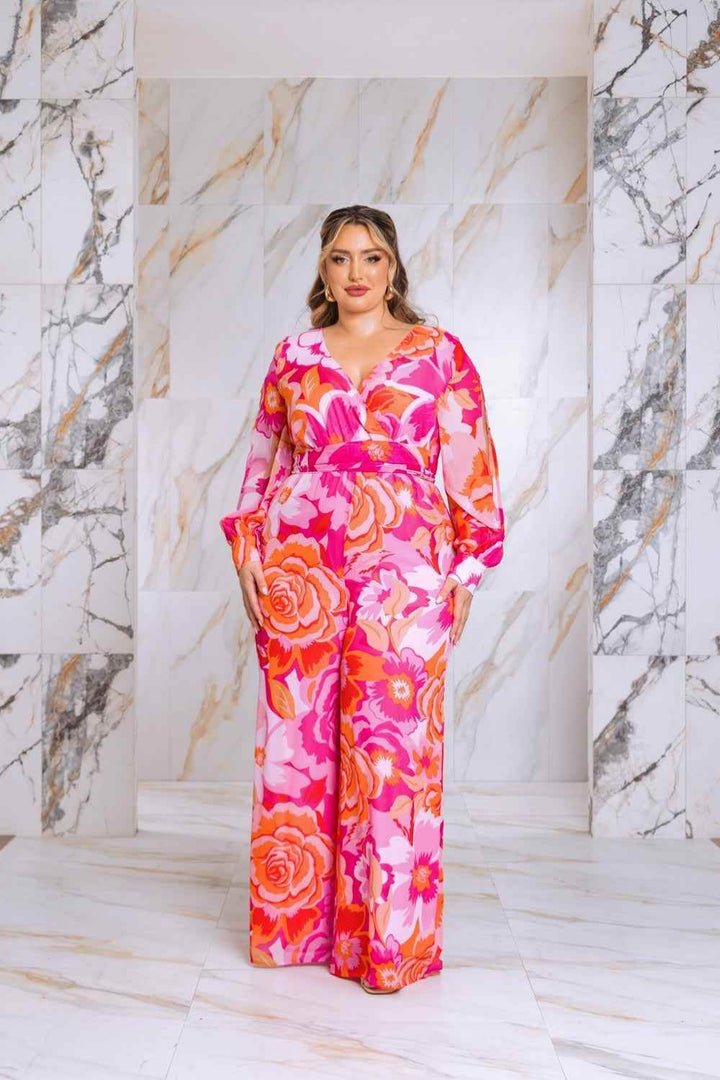 Plus Size Floral Print Jumpsuit with Long Bishop Split Sleeves - Pink - GiFTiFY