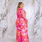 Plus Size Floral Print Jumpsuit with Long Bishop Split Sleeves - Pink