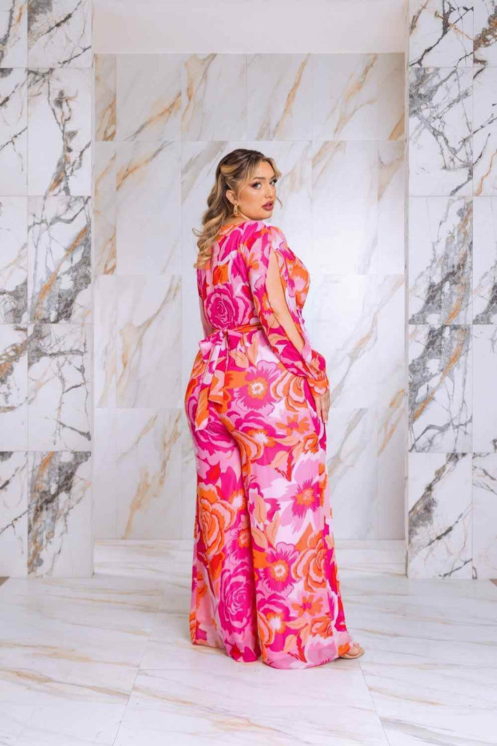 Plus Size Floral Print Jumpsuit with Long Bishop Split Sleeves - Pink - GiFTiFY