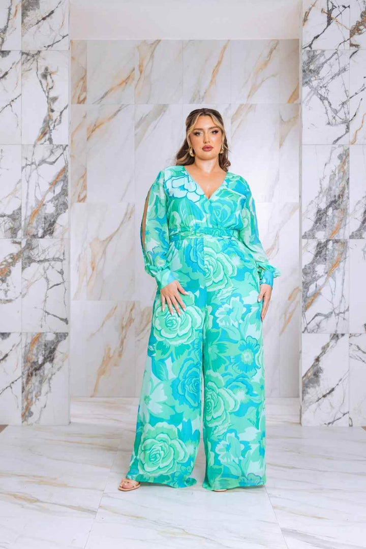 Plus Size Floral Print Jumpsuit with Long Bishop Split Sleeves - Green - GiFTiFY