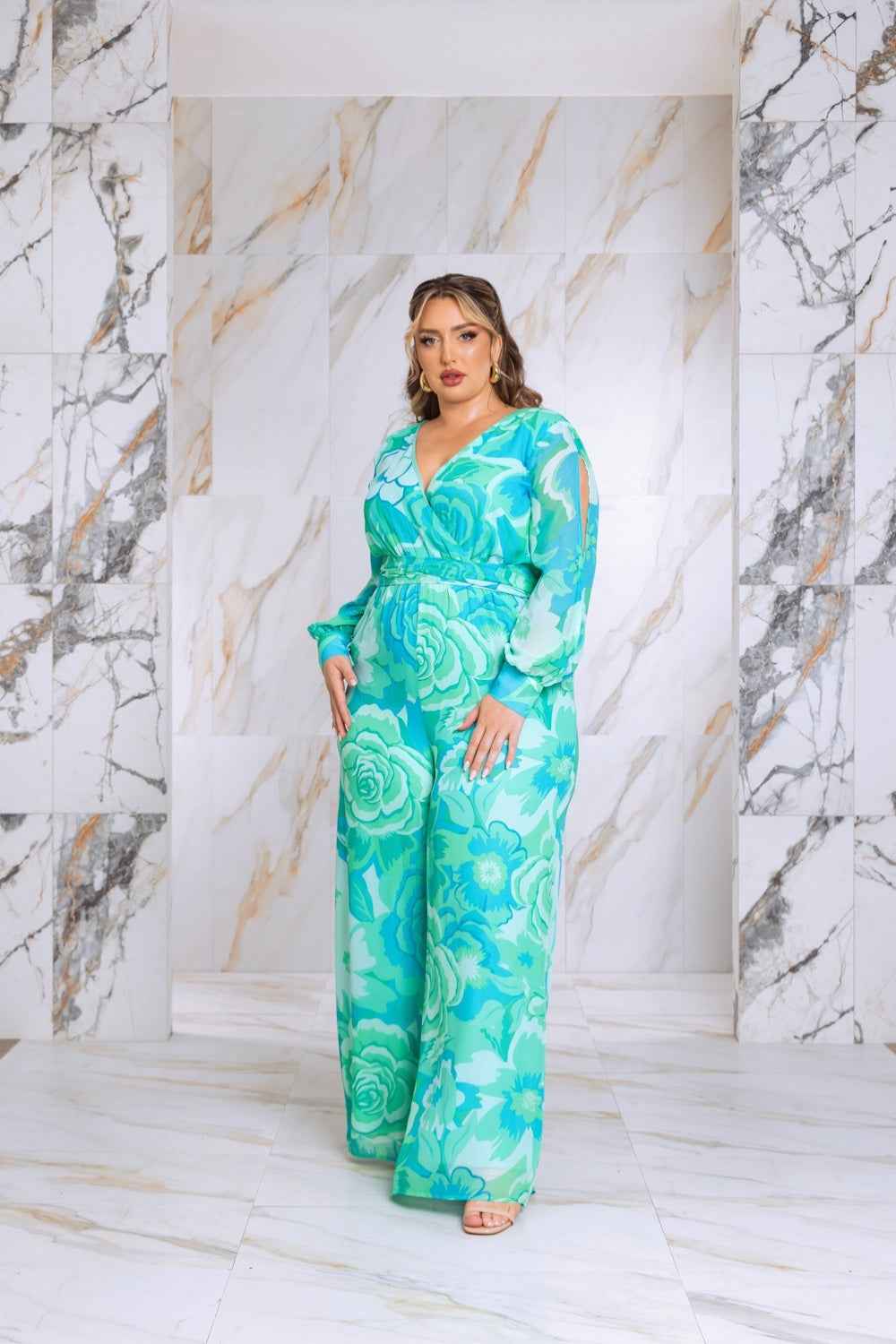 Plus Size Floral Print Jumpsuit with Long Bishop Split Sleeves - Green