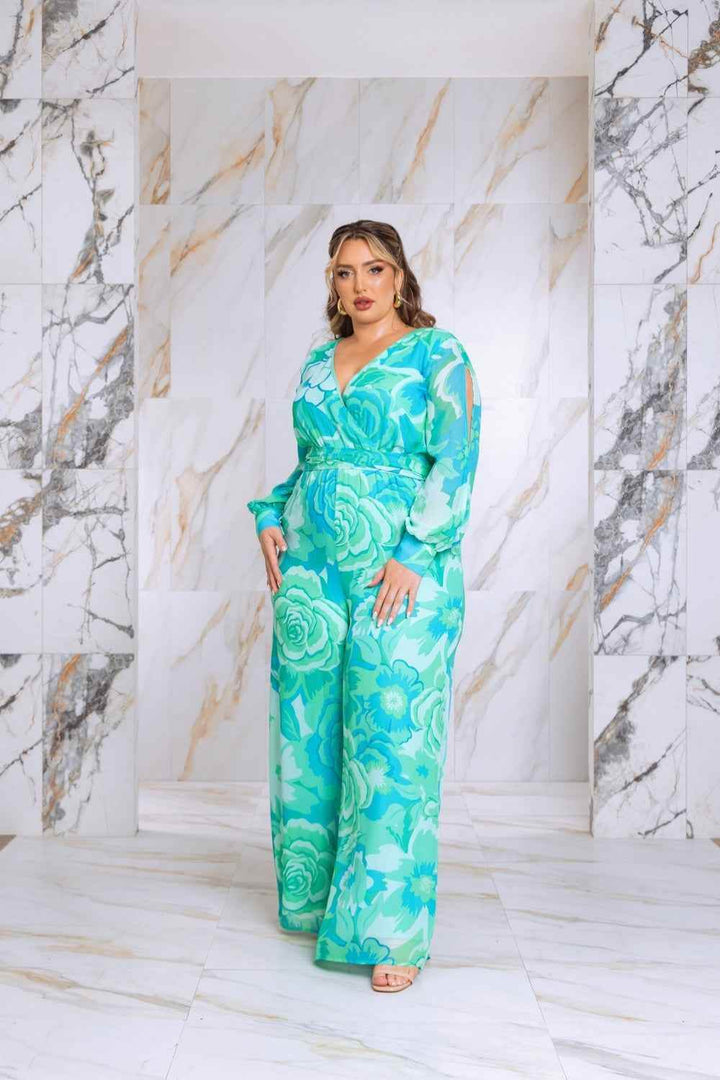 Plus Size Floral Print Jumpsuit with Long Bishop Split Sleeves - Green - GiFTiFY