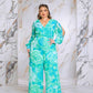 Plus Size Floral Print Jumpsuit with Long Bishop Split Sleeves - Green