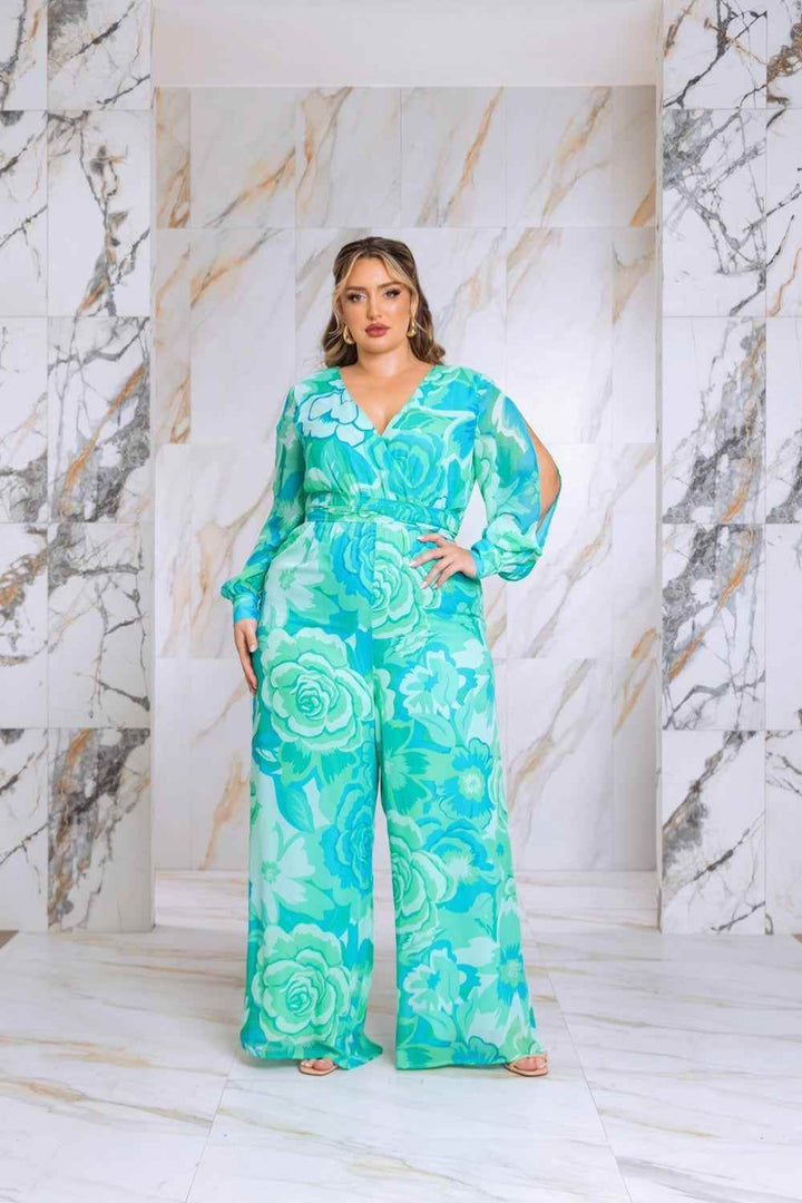 Plus Size Floral Print Jumpsuit with Long Bishop Split Sleeves - Green - GiFTiFY