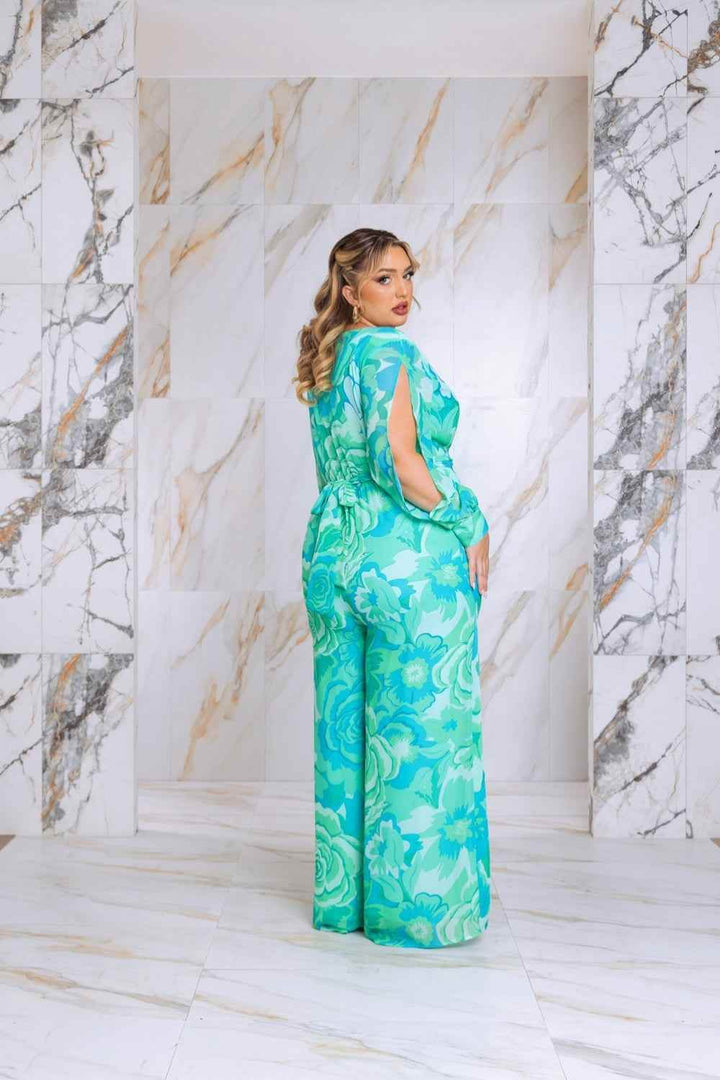Plus Size Floral Print Jumpsuit with Long Bishop Split Sleeves - Green - GiFTiFY