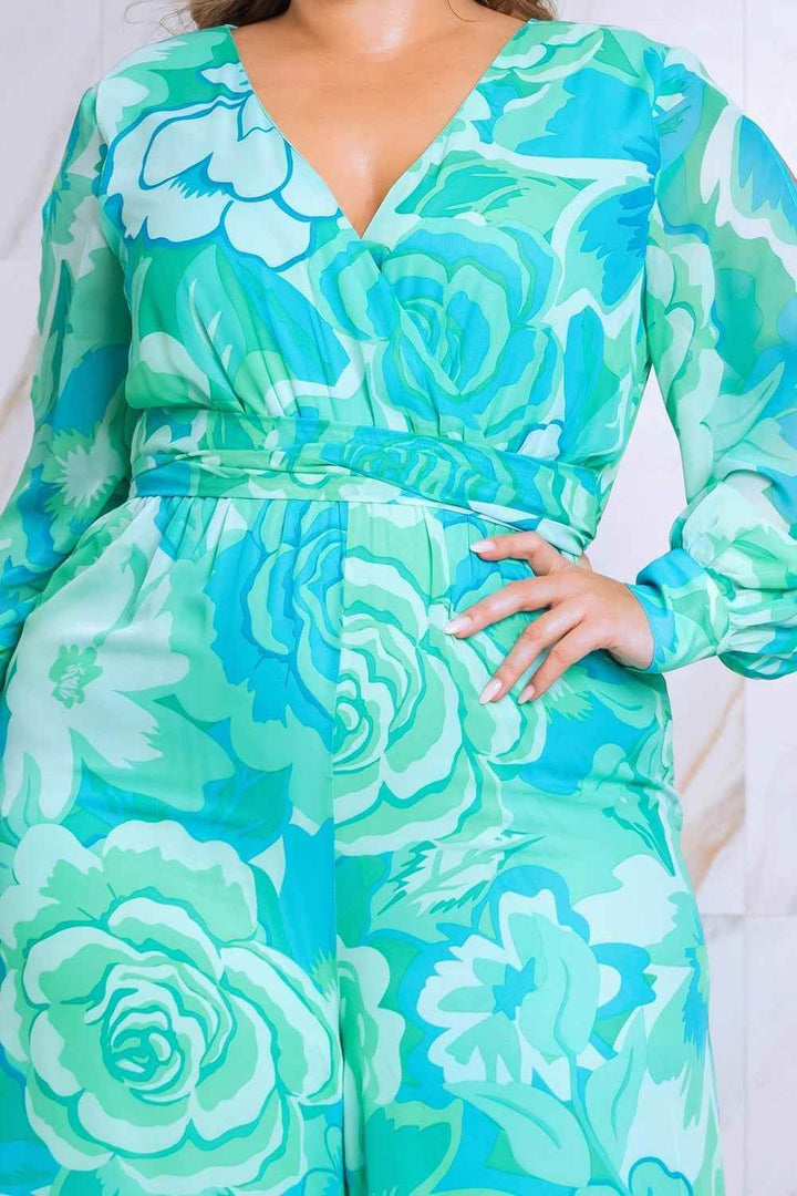 Plus Size Floral Print Jumpsuit with Long Bishop Split Sleeves - Green - GiFTiFY