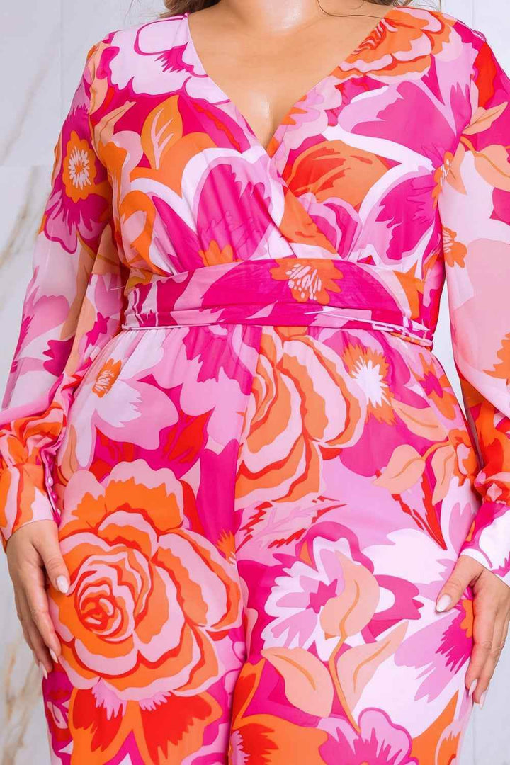 Plus Size Floral Print Jumpsuit with Long Bishop Split Sleeves - Pink - GiFTiFY