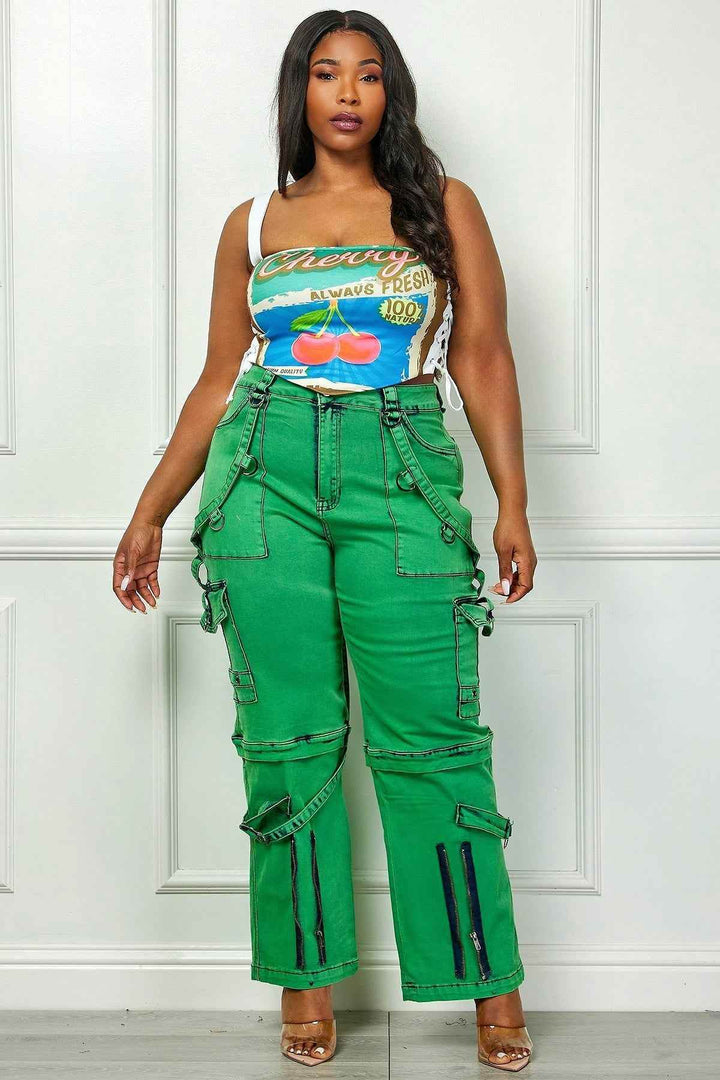 Oh So Crafty Utility Cargo Plus Size Denim Pants - Green - GiFTiFY
