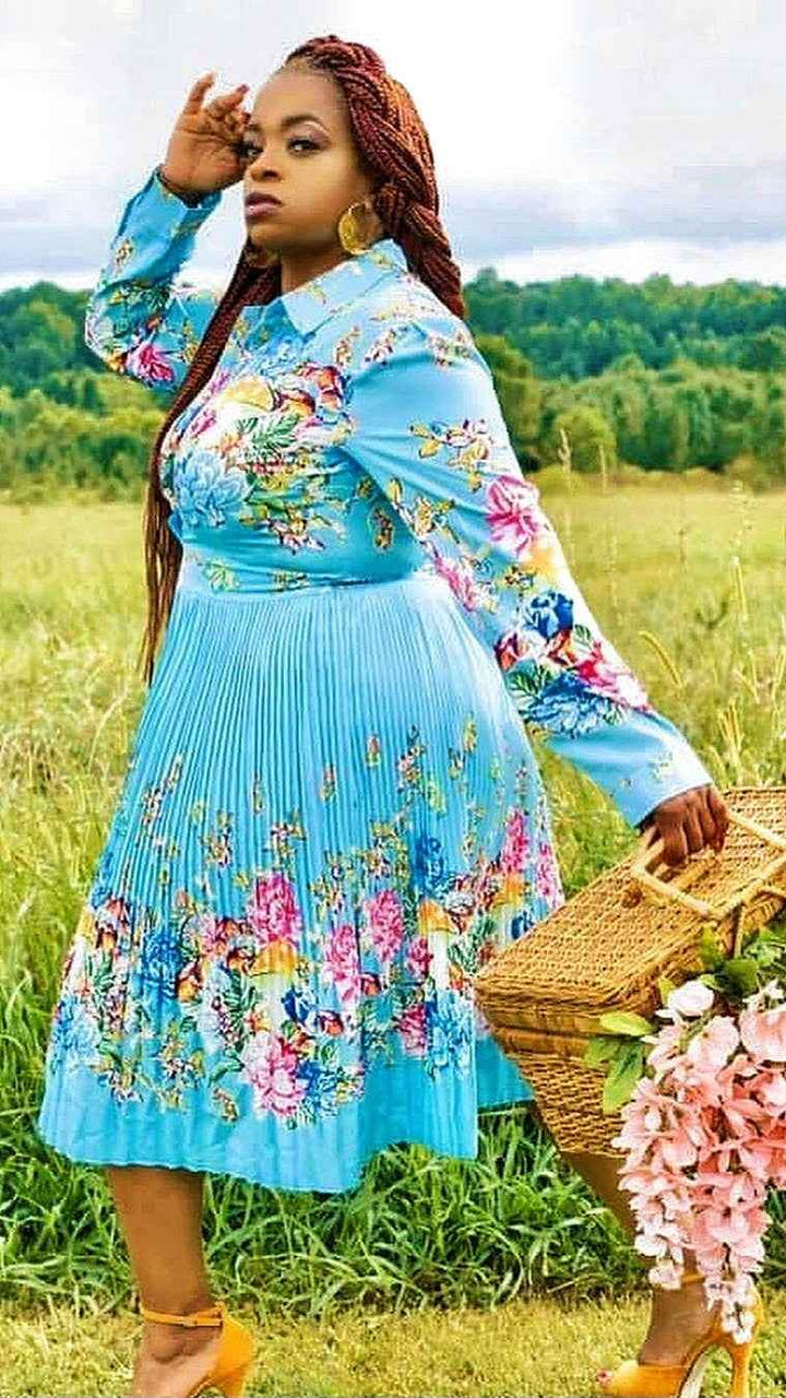 Pleated Print Long Sleeve Mid-Calf Lapel Standard-Waist Pullover Dress - GiFTiFY