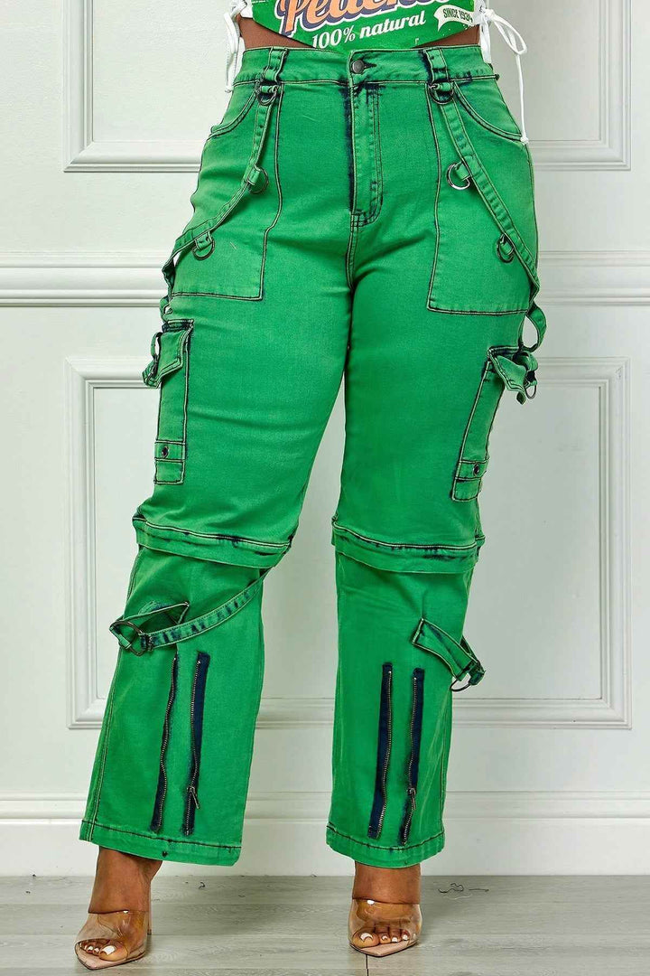Oh So Crafty Utility Cargo Plus Size Denim Pants - Green - GiFTiFY