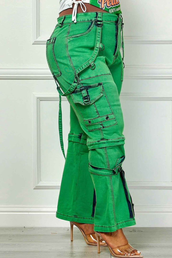 Oh So Crafty Utility Cargo Plus Size Denim Pants - Green - GiFTiFY