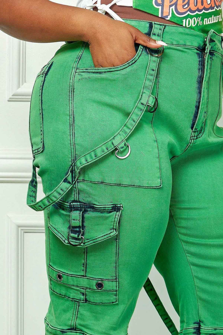 Oh So Crafty Utility Cargo Plus Size Denim Pants - Green - GiFTiFY
