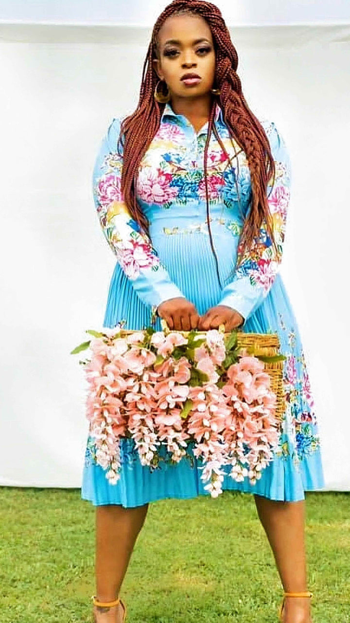 Pleated Print Long Sleeve Mid-Calf Lapel Standard-Waist Pullover Dress - GiFTiFY