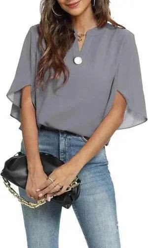 Women's Summer Tops Short Sleeve Casual Shirts V Neck Chiffon Dressy Blouse Tops - GiFTiFY