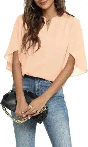 Women's Summer Tops Short Sleeve Casual Shirts V Neck Chiffon Dressy Blouse Tops - GiFTiFY