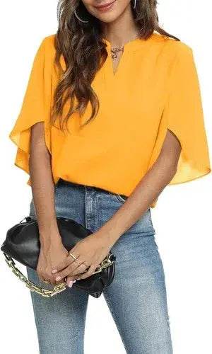 Women's Summer Tops Short Sleeve Casual Shirts V Neck Chiffon Dressy Blouse Tops - GiFTiFY