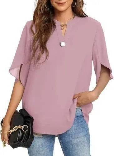 Women's Summer Tops Short Sleeve Casual Shirts V Neck Chiffon Dressy Blouse Tops - GiFTiFY