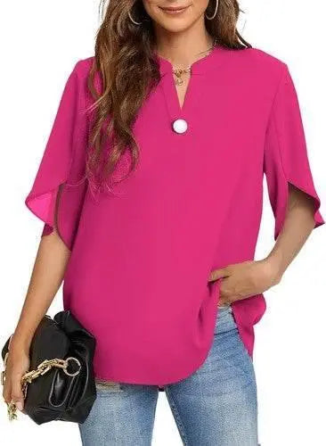 Women's Summer Tops Short Sleeve Casual Shirts V Neck Chiffon Dressy Blouse Tops - GiFTiFY