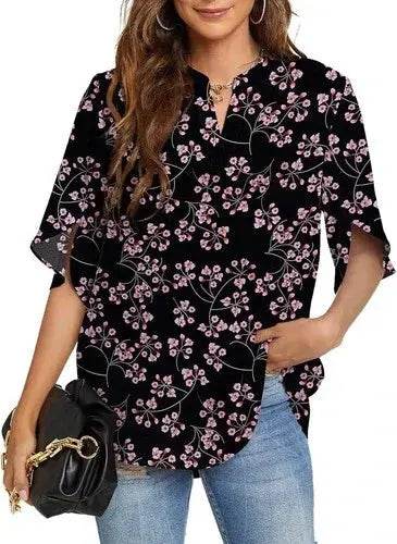 Women's Summer Tops Short Sleeve Casual Shirts V Neck Chiffon Dressy Blouse Tops - GiFTiFY