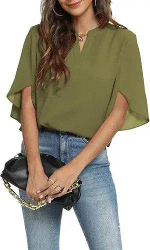 Women's Summer Tops Short Sleeve Casual Shirts V Neck Chiffon Dressy Blouse Tops - GiFTiFY