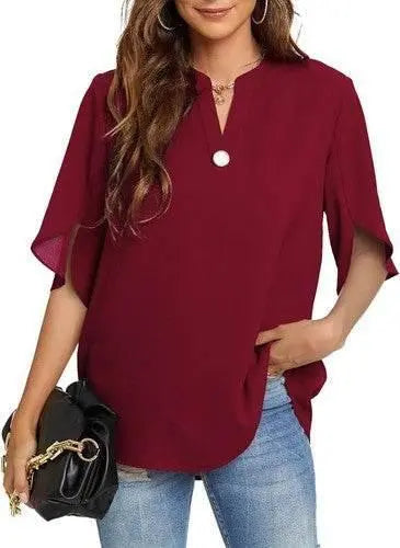 Women's Summer Tops Short Sleeve Casual Shirts V Neck Chiffon Dressy Blouse Tops - GiFTiFY