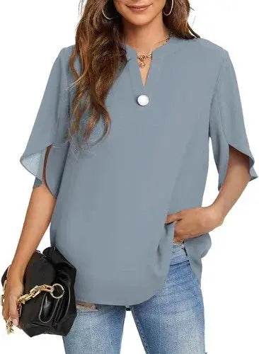 Women's Summer Tops Short Sleeve Casual Shirts V Neck Chiffon Dressy Blouse Tops Shirts by Zopi / AliExpress
