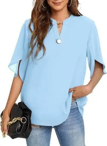 Women's Summer Tops Short Sleeve Casual Shirts V Neck Chiffon Dressy Blouse Tops - GiFTiFY