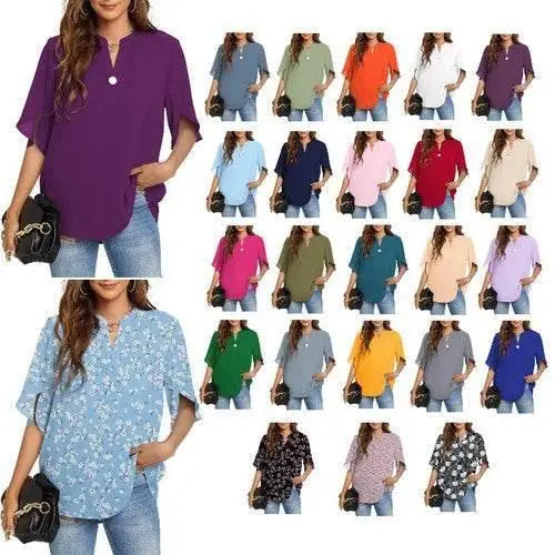 Women's Summer Tops Short Sleeve Casual Shirts V Neck Chiffon Dressy Blouse Tops Shirts by Zopi / AliExpress
