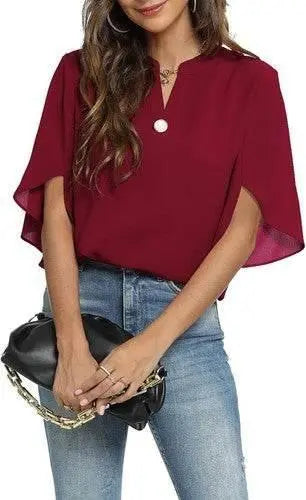 Women's Summer Tops Short Sleeve Casual Shirts V Neck Chiffon Dressy Blouse Tops - GiFTiFY
