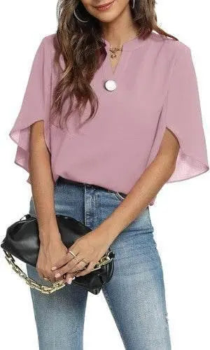 Women's Summer Tops Short Sleeve Casual Shirts V Neck Chiffon Dressy Blouse Tops - GiFTiFY