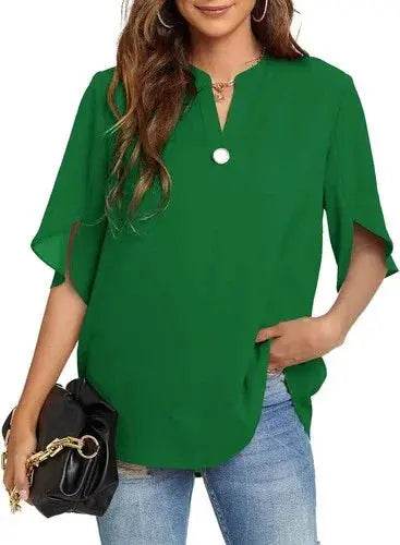 Women's Summer Tops Short Sleeve Casual Shirts V Neck Chiffon Dressy Blouse Tops - GiFTiFY