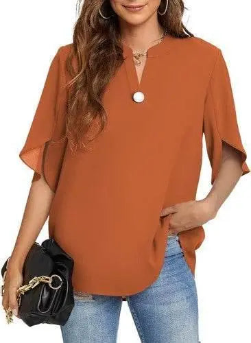 Women's Summer Tops Short Sleeve Casual Shirts V Neck Chiffon Dressy Blouse Tops - GiFTiFY