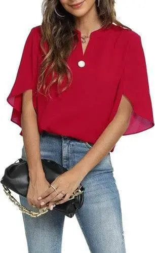 Women's Summer Tops Short Sleeve Casual Shirts V Neck Chiffon Dressy Blouse Tops - GiFTiFY