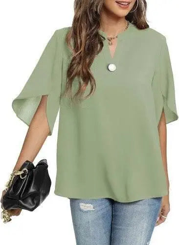 Women's Summer Tops Short Sleeve Casual Shirts V Neck Chiffon Dressy Blouse Tops - GiFTiFY