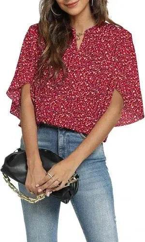 Women's Summer Tops Short Sleeve Casual Shirts V Neck Chiffon Dressy Blouse Tops - GiFTiFY