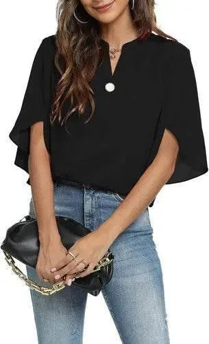 Women's Summer Tops Short Sleeve Casual Shirts V Neck Chiffon Dressy Blouse Tops - GiFTiFY