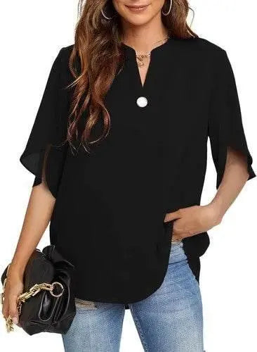 Women's Summer Tops Short Sleeve Casual Shirts V Neck Chiffon Dressy Blouse Tops - GiFTiFY